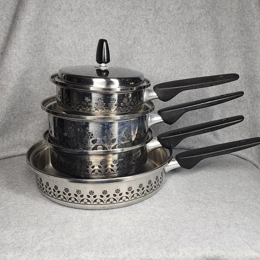 Vintage Regal 18-8 3Ply Floral Design Stainless Steel Cookware Set 5 USA